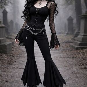 Killstar Nyte Mistic Flared Lace Up Front Gothic Jagged Hem Trousers Sz XL